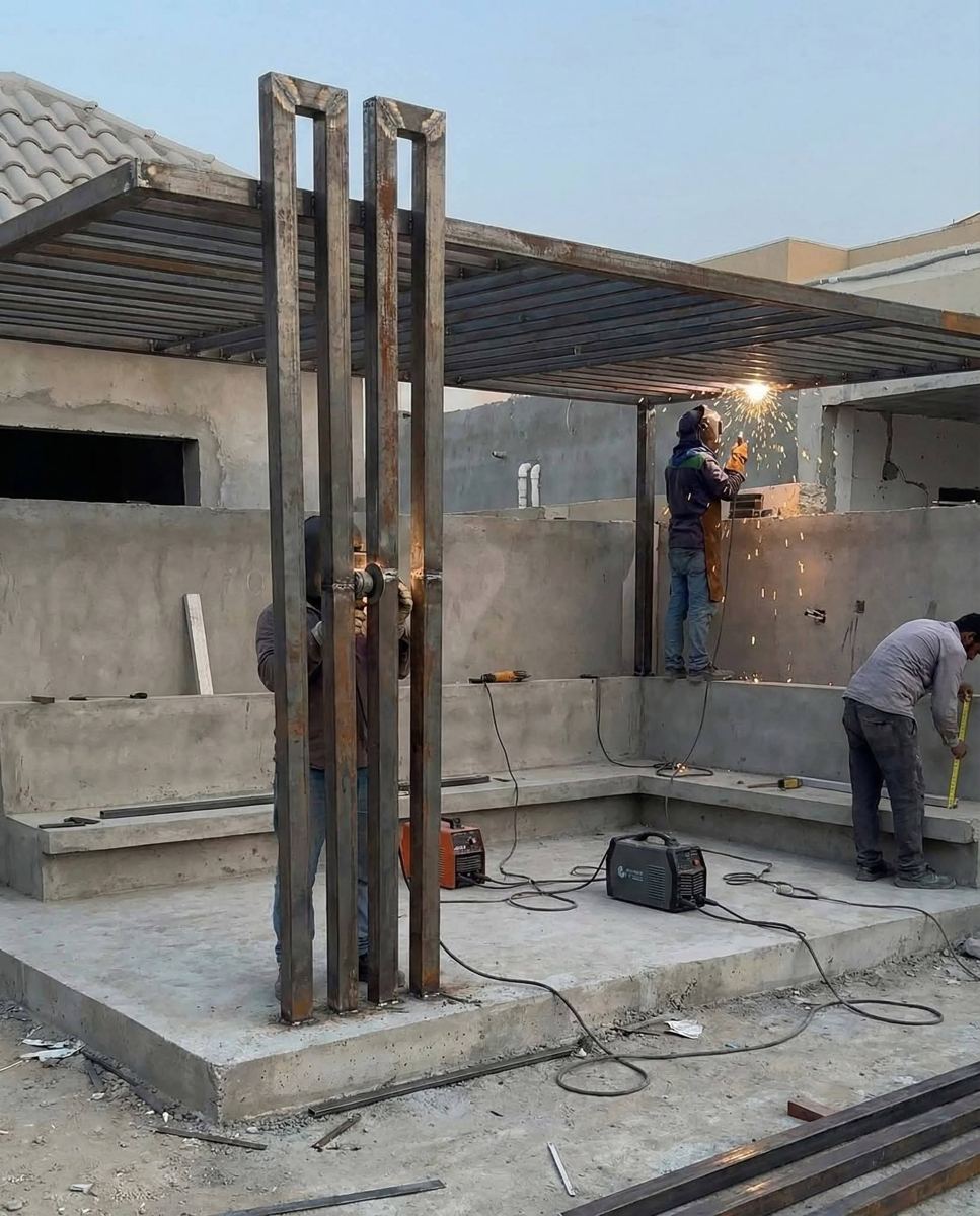 فريق بيركب برجولة حديد على جلسة خرسانية
